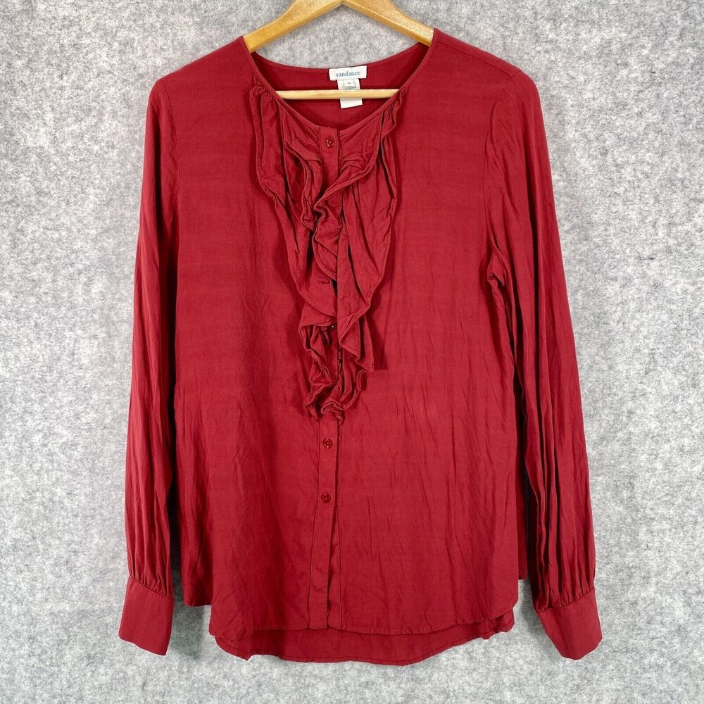 Sundance Ruffle Front Long Sleeve Button Front Shirt Rust Orange Womens Small